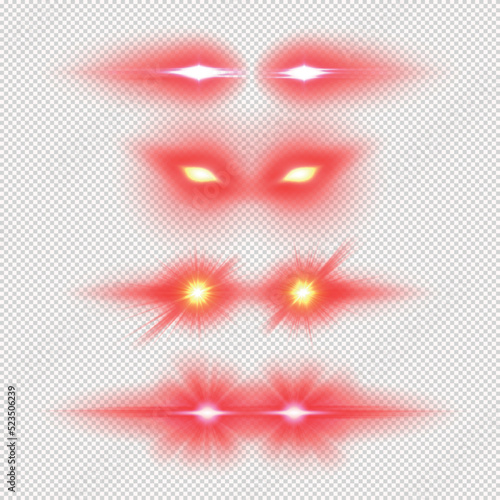 Laser eyes meme light effect vector illustration, various red glowing eyes overlays, superhero sight template photo