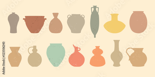 Clay vases of various shapes, traditional pottery silhouettes with lightly grunge texture, pastel, terracotta and earthy color ceramics, different vessels, jugs, amphoras, pots and vases