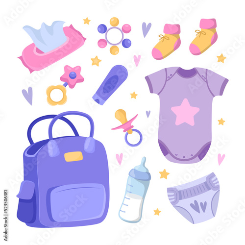 Different accessories for infants vector illustrations set. Bag of mother, clothes for children, nappy or diaper, bottle, rattle isolated on white background. Baby care, maternity, traveling concept