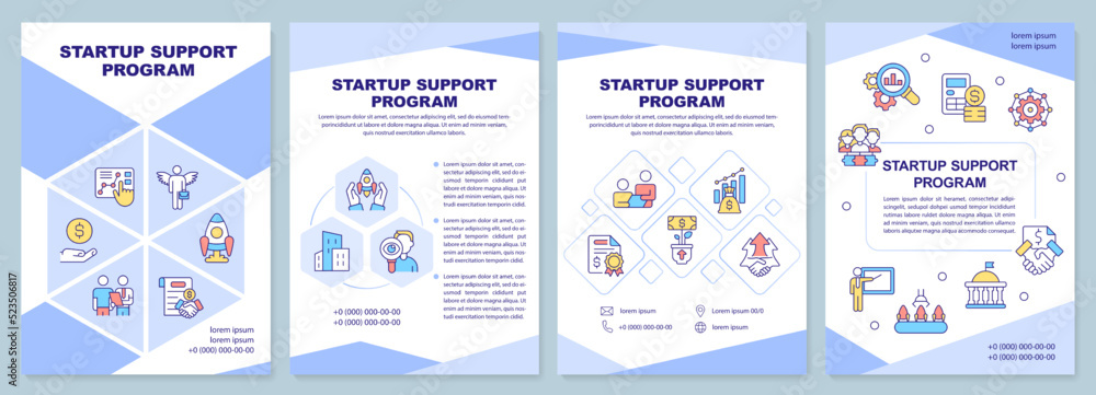 Startup support program purple brochure template. Leaflet design with linear icons. Editable 4 vector layouts for presentation, annual reports. Arial-Black, Myriad Pro-Regular fonts used