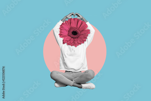 Collage image of girl sitting floor black white gamma hands showing heart gesture flower instead head isolated on painted background photo