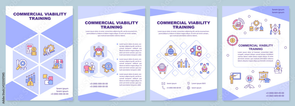 Commercial viability training purple brochure template. Leaflet design with linear icons. Editable 4 vector layouts for presentation, annual reports. Arial-Black, Myriad Pro-Regular fonts used