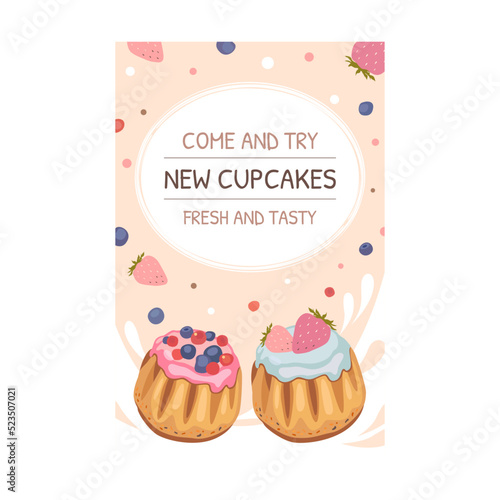 Invitation card with pastry. Loaves of bread, muffins, birthday cupcakes vector illustration. Holiday and dessert concept for announcement poster and party flyer