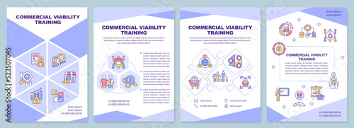 Commercial viability training purple brochure template. Leaflet design with linear icons. Editable 4 vector layouts for presentation, annual reports. Arial-Black, Myriad Pro-Regular fonts used