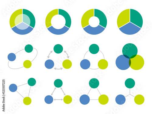 青と緑と黄緑の3つまたは3分割円のチャートのグラッフィック素材セット/白背景