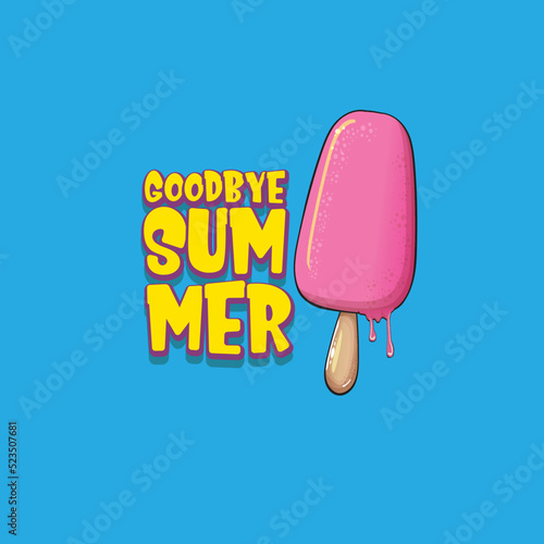 vector goodbye summer vector concept illustration with cartoon funny hand drawn pink ice cream isolated on blue. End of summer funky doodle label or background