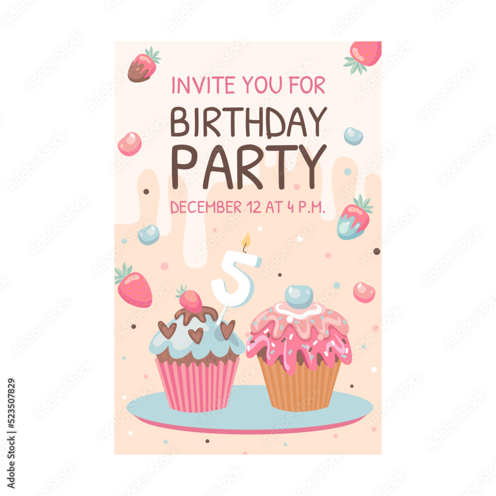 Card with sweets. Ice cream, macaroons, birthday cupcakes vector illustration with text, time, date. Celebration and dessert concept for flyer and announcement poster design Card with sweets. Ice cream, macaroons, birthday cupcakes vector illustration with text, time, date. Celebration and dessert concept for flyer and announcement poster design