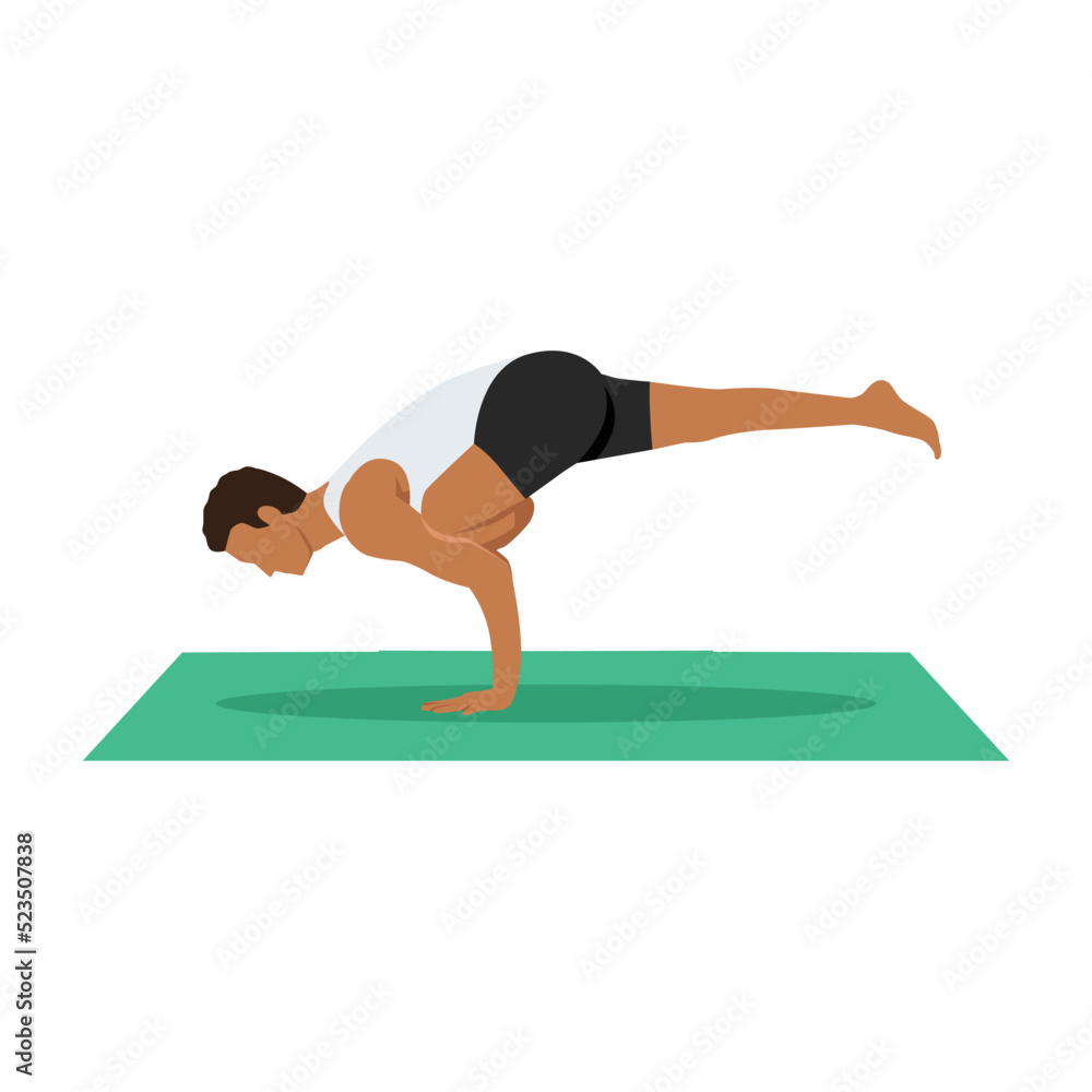 Man doing yoga, pilates, fitness training, asana Eka Pada Galavasana, Flying Pigeon or flying crow Pose, One-Legged Balance. Flat vector illustration isolated on white background