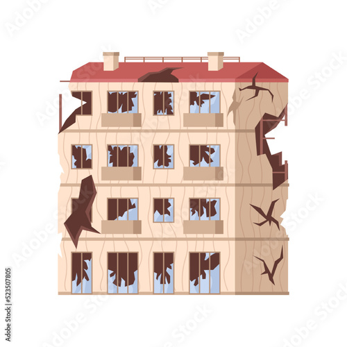 Demolished multi story building and residential house, destroyed home and architectural construction and sight. City, town, or metropolis with damage done. Vector illustration