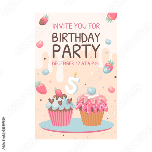 Card with sweets. Ice cream  macaroons  birthday cupcakes vector illustration with text  time  date. Celebration and dessert concept for flyer and announcement poster design