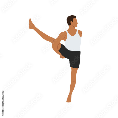 Man practicing yoga Svarga Dvijasana, or Bird of Paradise.Professional Calmness and relax man Flat vector illustration isolated on white background