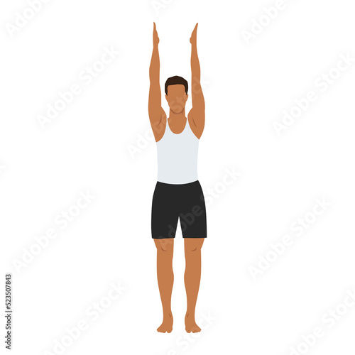 Man doing Upward salute pose urdhva hastasana exercise. Flat vector illustration isolated on white background