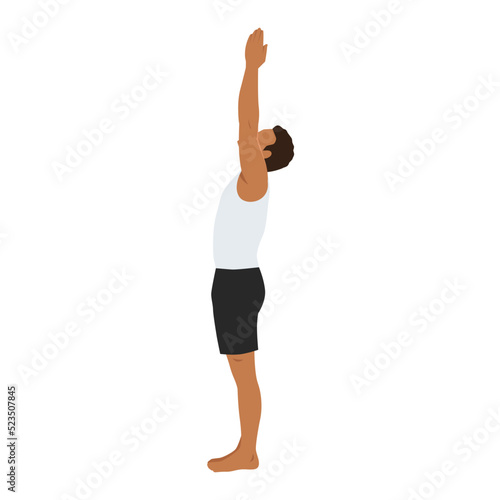 Man doing urdhva namaskarasana yoga pose. Standing with upavishtha konasana exercise. Flat vector illustration isolated on white background