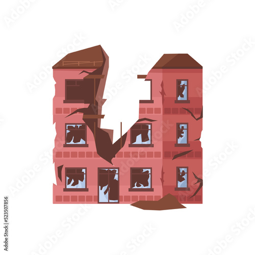 Demolished multi story building and residential house, destroyed home and architectural construction and sight. City, town, or metropolis with damage done. Vector illustration