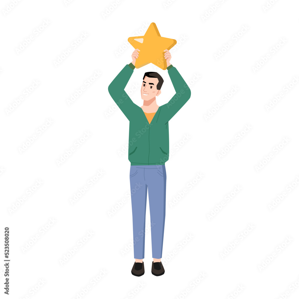 Feedback concept, man holding star in hand isolated flat cartoon character. Vector customer rating, client review, comment on opinion, result or experience, rate Feedback concept, man holding star in hand isolated flat cartoon character. Vector customer rating, client review, comment on opinion, result or experience, rate