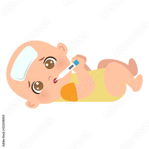 Little baby lying down sick with fever. Flat vector cartoon design