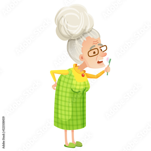 Vector illustration of an Old lady brushing her teeth