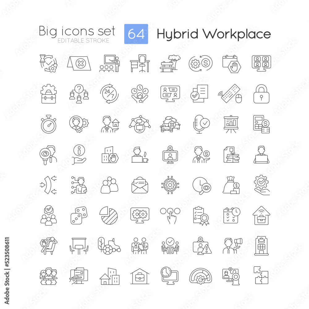 Hybrid workplace linear icons set. Telework and in office schedule. Customizable thin line symbols. Isolated vector outline illustrations. Editable stroke. Quicksand-Light font used - obrazy, fototapety, plakaty 