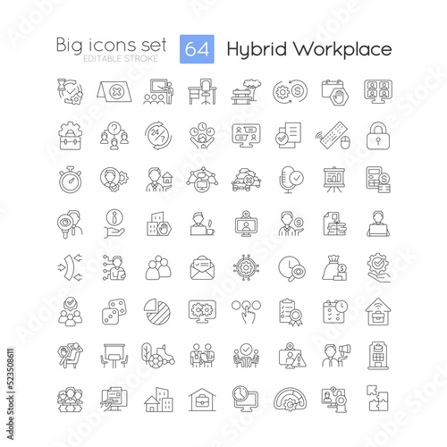 Hybrid workplace linear icons set. Telework and in office schedule. Customizable thin line symbols. Isolated vector outline illustrations. Editable stroke. Quicksand-Light font used