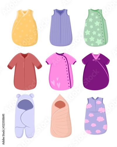 Cute sleeping bags for babies vector illustrations set. Collection of comfortable clothes for newborn children isolated on white background. Childhood, clothing, textile, bedtime concept