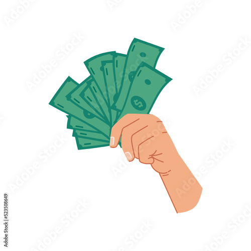 Green dollar banknotes in hand, isolated palm with paper money for paying. Giving loan, saving financial assets or exchanging, wealthy person with cash. Flat cartoon style vector illustration