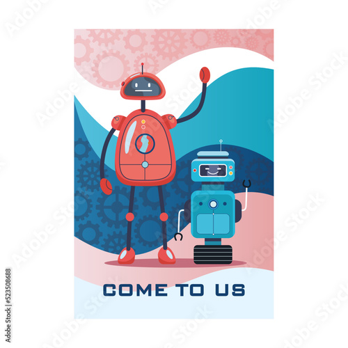Robots invitation flyer. Humanoids, cyborgs, intelligent machines vector illustration with come end see text. Robotics concept for posters or brochures design