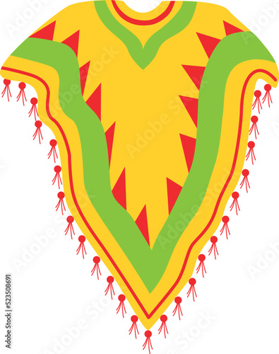 Cartoon Mexican poncho, vector traditional clothes of Mexico, decorated with bright ethnic pattern of colorful stripes, floral ornaments and fringes. Mexican poncho or serape, festive garment design