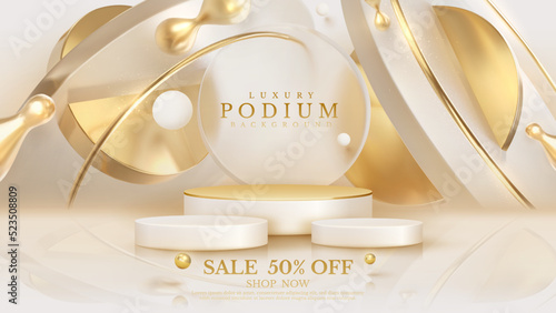 Product display podium with golden curve line with geometric shapes element and ball with glitter light effect decoration.