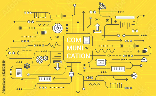Communication visualization connection concept. Technology data array visual on yellow background with circuit for web, banner. Vector illustration
