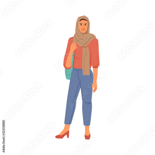 Muslim women in fashionable cloth, hijab or headscarf isolated flat cartoon people. Vector fashion lady from middle east, uae or turkish woman in national and casual cloth, arab emirates female