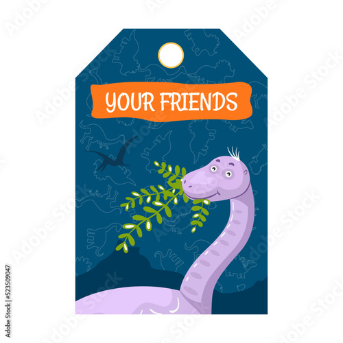 Special tag design with dino characters. Funny different dinosaurs on blue background. Creatures and fossil reptiles concept. Template for greeting labels or invitation card