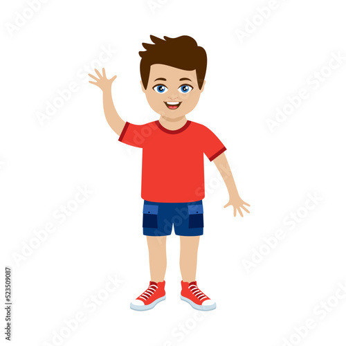 Cute happy little boy in a red shirt icon vector. Adorable stylish little kid boy in red sneakers icon isolated on a white background. Smiling boy in blue shorts drawing