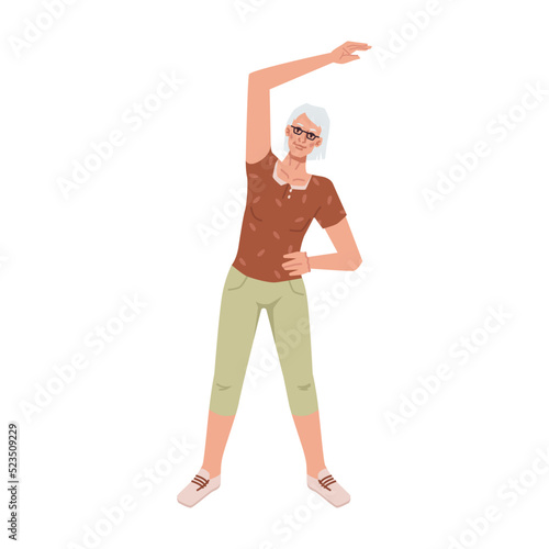 Cartoon old person training stretching hand aside, yoga fitness classes. Vector flat cartoon personage doing sport exercises, sportsman training workout. Healthy lifestyle wellness wellbeing