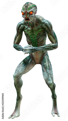 3D Rendering Green Alien on White