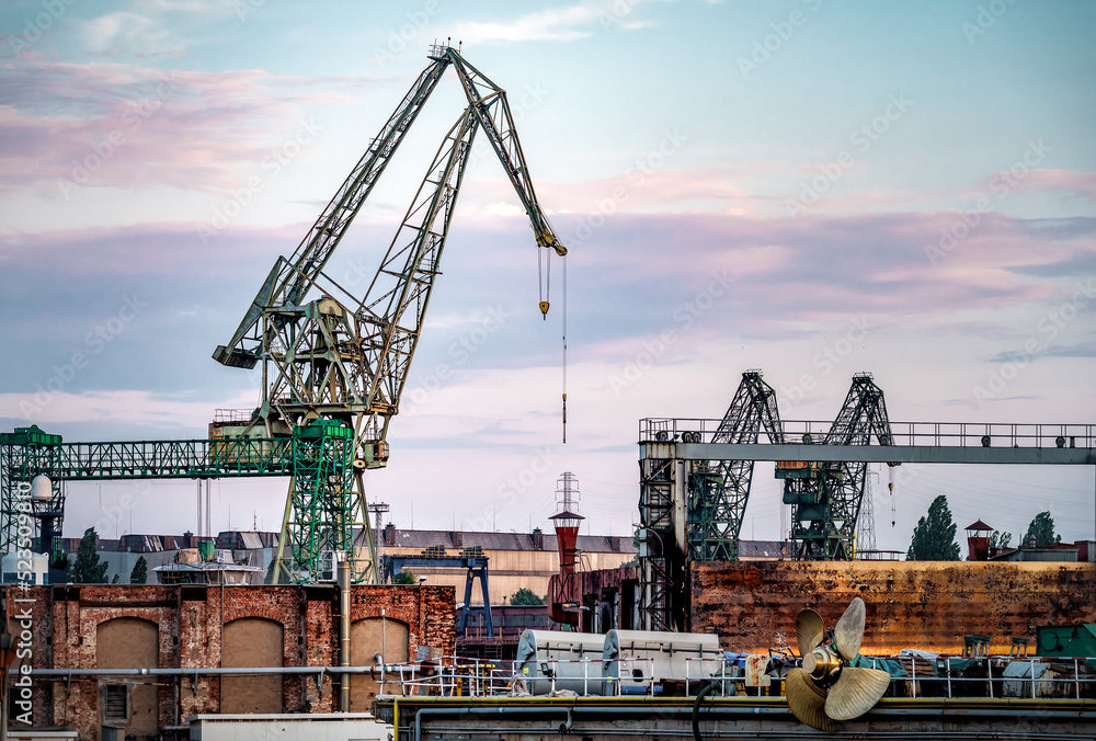Large working port crane. Industrial landscape