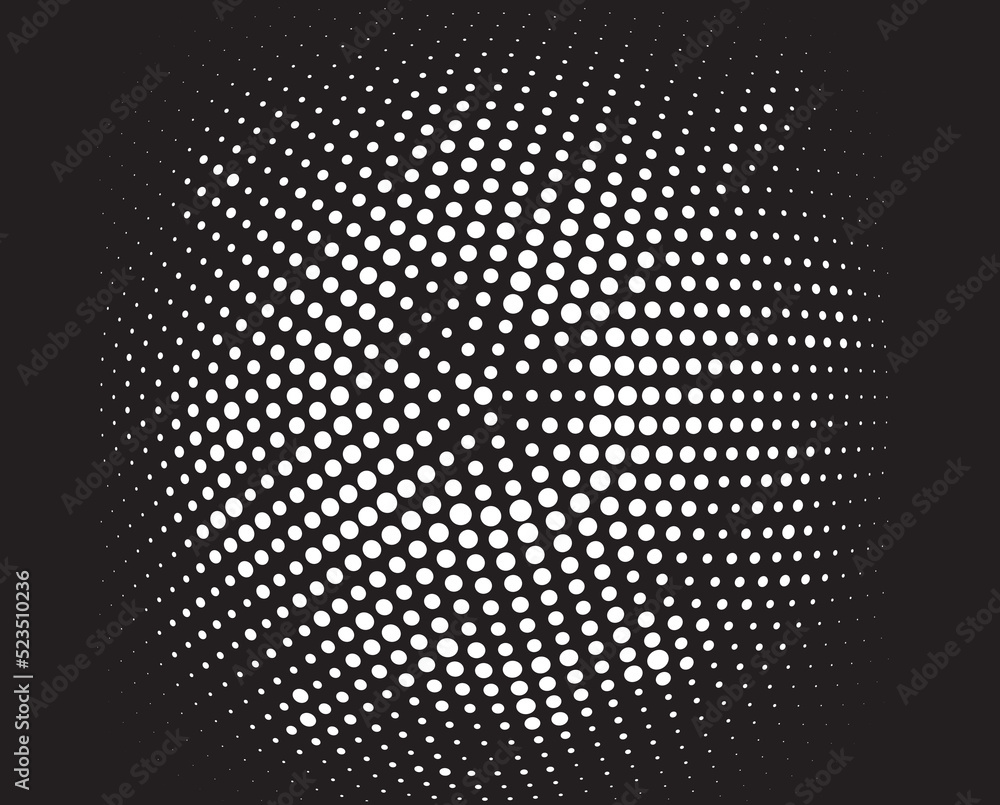 White halftone dots in vortex form. Geometric art. Trendy design element.Circular and radial lines volute, helix.Segmented circle with rotation.Radiating arc lines.Cochlear