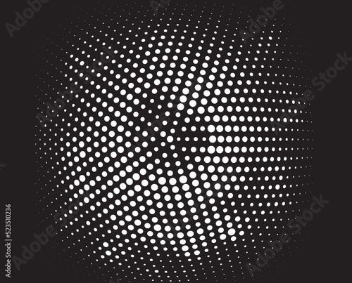 White halftone dots in vortex form. Geometric art. Trendy design element.Circular and radial lines volute, helix.Segmented circle with rotation.Radiating arc lines.Cochlear