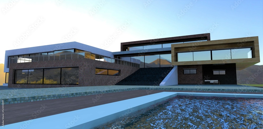 Waves in the pool in the courtyard of a luxury modern hotel. Road from a terraced board. Stone blocks natural granite. Blue sunny sky. 3d render.