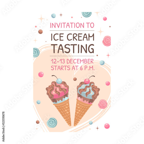 Invitation card with sweets. Ice cream vector illustration with text  time  date. Celebration and dessert concept for flyer and announcement poster design