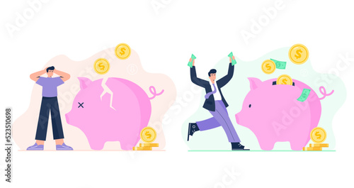 Financial concepts. Personal budget, a different relationship with money. A man who spends savings and a man who saves a lot of money. Vector flat illustrations isolated on the white background.
