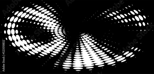 Polka dot transparent halftone multi-turn spiral on a dark background.  Perforated outline. Vector.