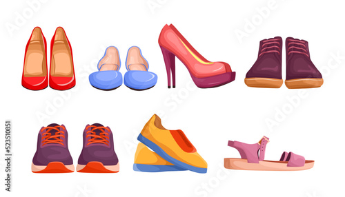 Front and side view of female shoes vector illustrations set. Cartoon drawings of pairs of shoes for women and men, sneakers, heels isolated on white background. Footwear, fashion, shopping concept