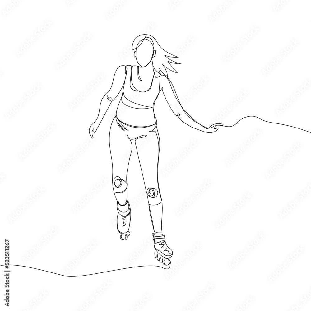 Girl rollerblading one line art. Continuous line drawing sports, training, sport, leisure, teenager, rollers, skating, tricks, street culture, subculture, urban, extreme, youth woman, stadium.