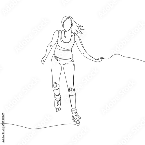 Girl rollerblading one line art. Continuous line drawing sports, training, sport, leisure, teenager, rollers, skating, tricks, street culture, subculture, urban, extreme, youth woman, stadium.