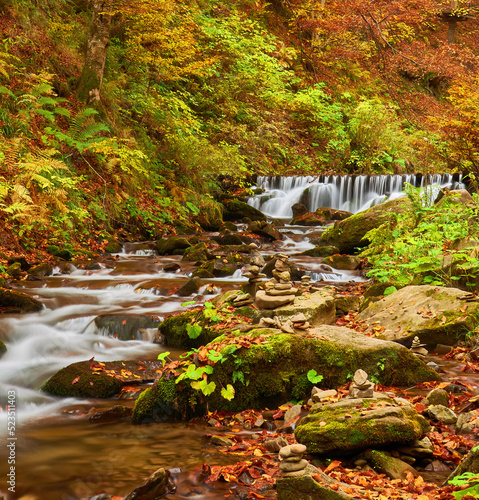 River waterfall in the autumn forest. Autumn forest waterfall. Waterfall in autumn forest.