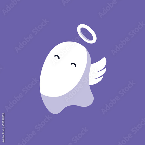Ghost in halloween costume. Funny and cute carnival card with ghost in costume of angel. Vector illustration. Halloween character