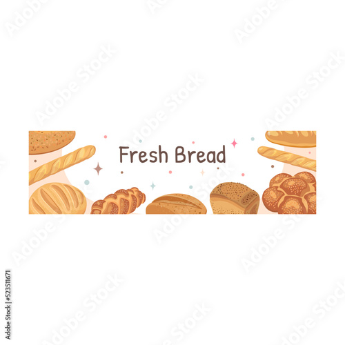 Bakery banner. Slices, buns and ears vector illustrations with text. Food and grain concept for shop flyers and brochures design