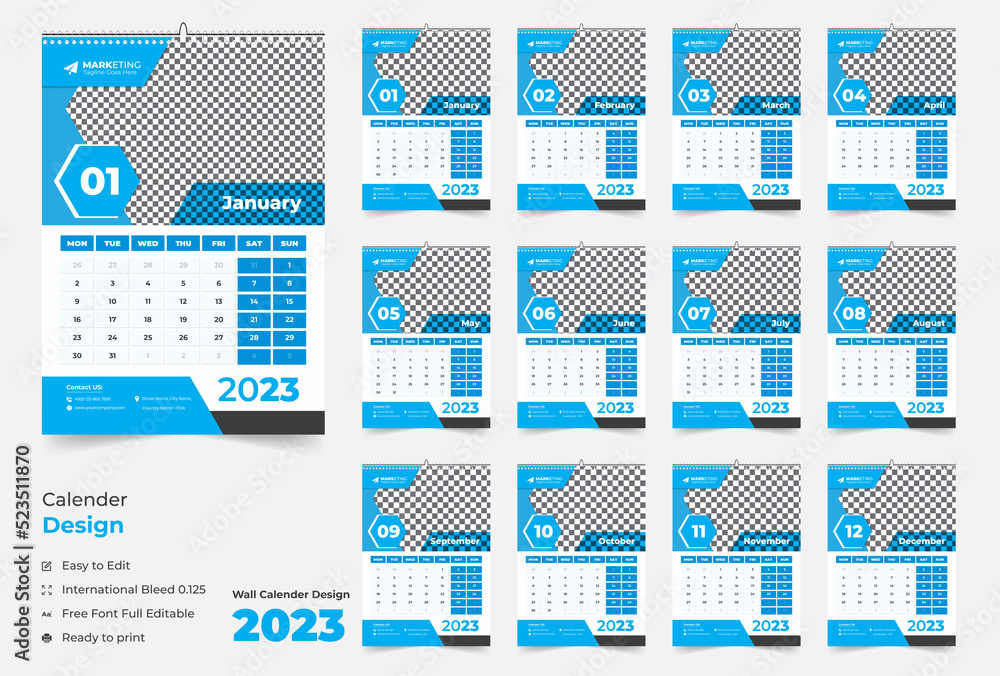12 page wall calendar 2023, Modern wall calendar design for new year 2023, Abstract wall calendar 2023 template design, Monthly wall calendar 2023,