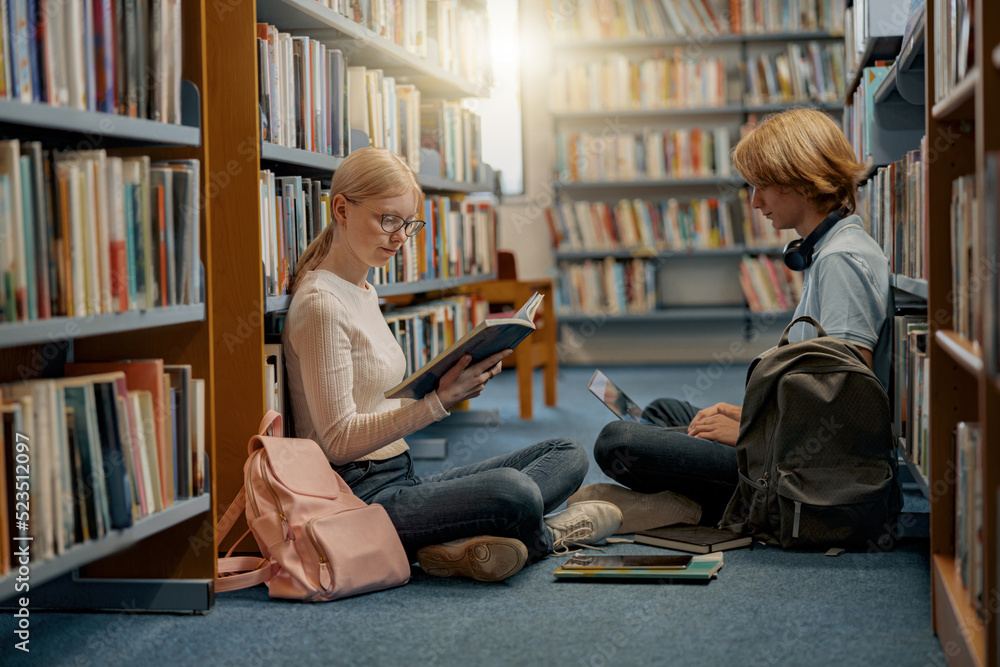 Friends student sit on floor near bookshelves in library and studying. Prepearing for exam Friends student sit on floor near bookshelves in library and studying. Prepearing for exam
