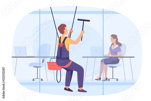 Woman working in office and industrial alpinist cleaning window. Rope access window cleaning, man in uniform at height flat vector illustration. Cleaning service concept for banner or landing page